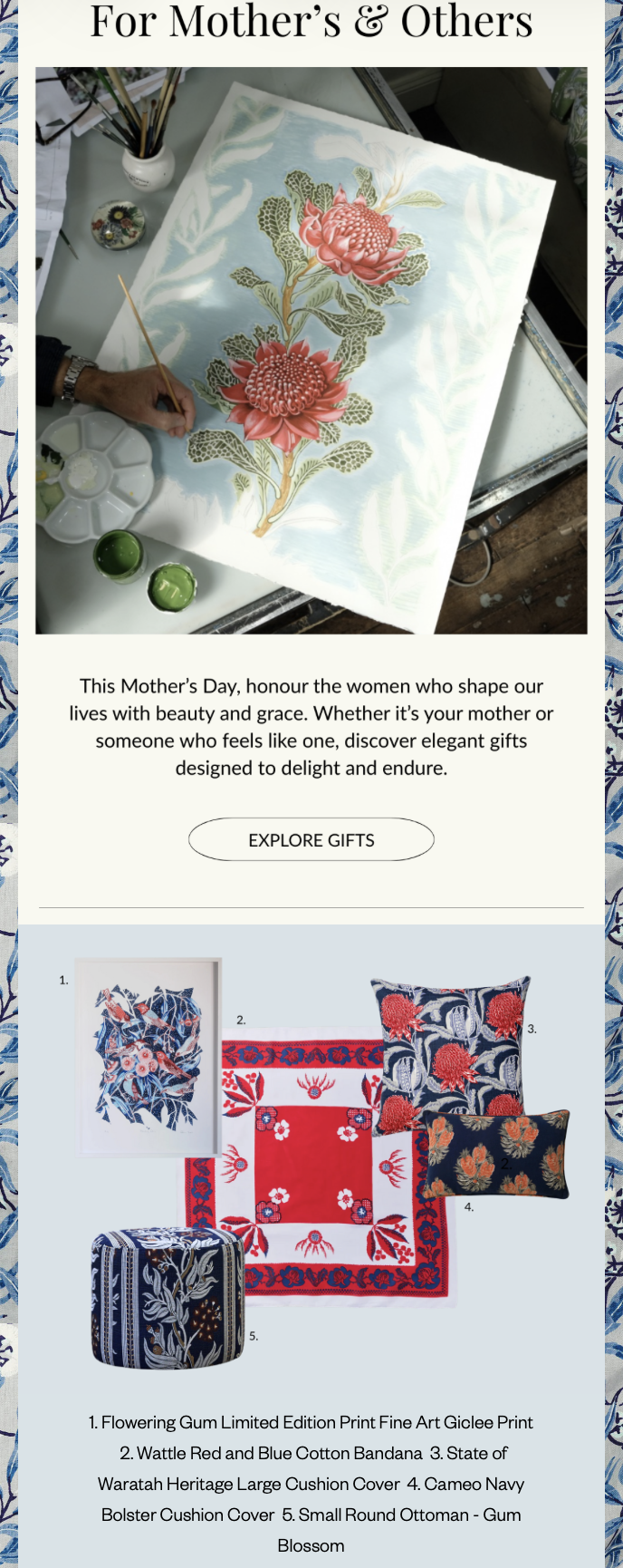 Email campaign design example with floral artwork and product layout.